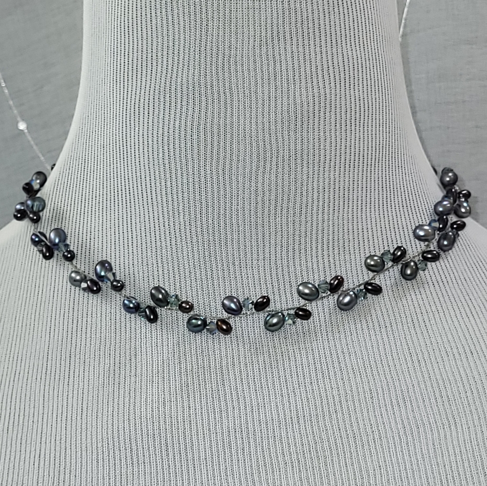 Blue Freshwater Pearl Wire Adjustable Necklace With Blue Iridescent Crystals - Picture 1 of 7
